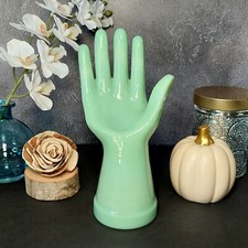 Green Jadeite Glass Depression Style Jewelry Box Hand Ring Display, VTG Style picture