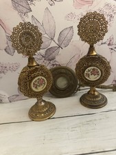 Ornate Gold Tone Metal Handheld Mirror Floral Accents Round Face Craquelure picture