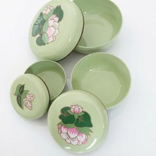 Vintage Green Floral Nesting Round Shaped Plastic Trinket Boxes Set of 3 picture