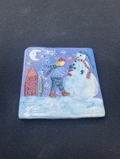 Vintage MARCIA HOVLAND Winter Scene Ceramic Tile Snowman  picture