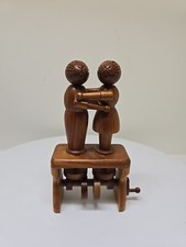 Vtg Hand Made Dancing/Kissing Rabbits Wooden Mechanical Turn Handle Folk Art D33 picture