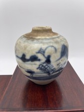 Antique Chinese Blue And White Porcelain Jar With Landscape And Fisherman Design picture