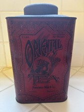 Antique  Montgomery Ward & Co Oriental Brand tea Tin 2 lbs Girl Design picture