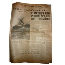 Vintage June 12 1942 Cleveland News Newspaper WWII USS Lexington Sunk Coral Sea picture