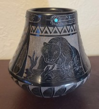 Red Starr Sioux Black Sgrafitto Pot with Inlaid Turquoise picture
