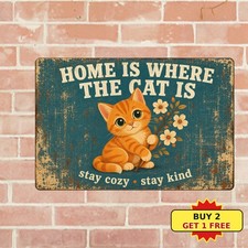 home_is_where_the_cat_is_orange_kitten_flower_branch_vintage_typography_distress picture