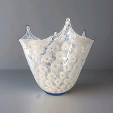 Vintage La Murrina Murano Glass Ruffled Bowl Signed Stamped White Murrine Italy picture