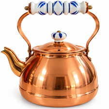 Vintage Solid Copper Tea Kettle Blue White Porcelain Handle Made in Korea picture