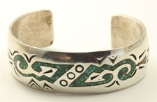 Vintage Navajo Signed Sterling Silver Turquoise Chip Inlay Cuff Bracelet 37g picture