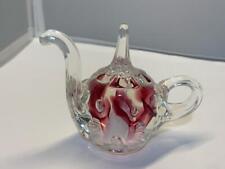 Joe Rice 97 Glass Tea Pot Ring Holder/Paperweight Clear White Cranberry picture