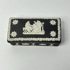Vintage Wedgwood Black Jasperware Oblong Rectangle Trinket Jewelry Box Home Deco picture