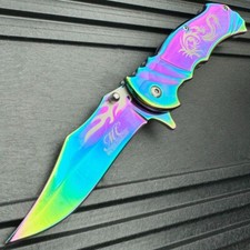 Rainbow Dragon Flame Tactical Spring Assisted Open Folding Pocket Knife Blade picture