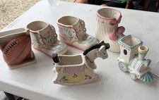 Vintage Ceramic Baby Nursery Planters Lot of 6 - Booties Horse Train Football picture