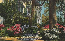 COURT HOUSE SQUARE & AZALEAS IN BLOOM POSTCARD BRUNSWICK GA GEORGIA 1930s picture