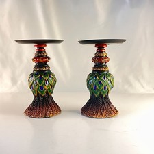 Pair of Vintage Peacock Feather Candle Holders Painted Resin Pillar Stand Decor picture