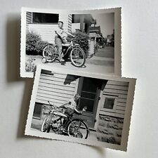 Vintage B&W Snapshot Photograph Adorable Boy On Schwinn Bicycle Bike Cat At Door picture