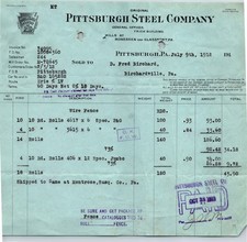 1912 Pittsburgh Steel Company Invoice Mills At Monessen Glassport Pennsylvania picture