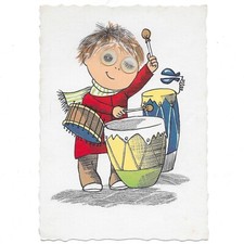 Vtg Kruger Googly Eye Wink Art Novelty Postcard Brown Hair Boy Drums Music Humor picture