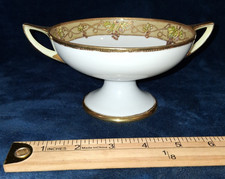 Antique Hand Painted Nippon Footed Bowl Double Handle Grape & Vine Gold Moriage picture