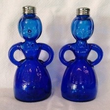 Vintage Cobalt blue glass Merry Maid Salt and Pepper Shaker (shakers) with tops picture
