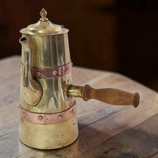 Vtg Copper & Brass Coffee Pot Mexico Cobre Tlaquepaque Valdez Wood Handle GC picture