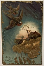 Embossed Germany Swallows Cottage Moonlight Scene Birthday Greetings Postcard picture
