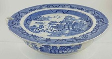 ANTIQUE BLUE WILLOW CERAMIC HOT WATER WARMING SERVING DISH PLATE - BEAUTIFUL picture