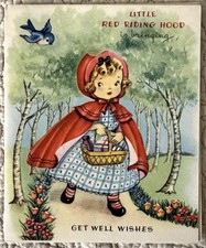 Unused Get Well Little Red Riding Nursery Rhyme Vtg Greeting Card 1940s 1950s picture