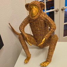 Large Woven Rattan Monkey Sculpture Boho Chic Tiki Tiki Decor Gold Accent picture