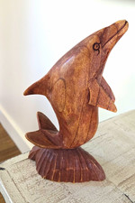 Wooden Hand Carved Dolphin Figurine Sculpture on Shell Base, Wood Carving picture