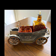 Metal Antique-Style Model Car Bottle Holder Drink Caddy w/ Decanter & 4 Glasses picture