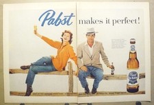 1958 Pabst Blue Ribbon Vintage 2-Page Print Ad Fedora Ivy League Preppy Decor picture