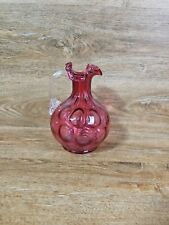 FENTON CRANBERRY THUMBPRINT PITCHER APPLIED CLEAR HANDLE RUFFLED TOP 7.5