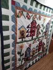Vtg JCPENNEY'S Home Collection Birdhouse Quilt 83x83in W/2 Matching Pillow Cases picture