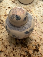 Vintage Hand Painted Porcelain Ginger Jar Temple Pink Peony Blue Scroll Accent picture