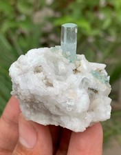 49 Gm Natural Sky Blue Aquamarine Crystal On Feldspar Specimen From Pakistan picture