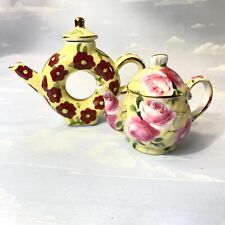 Miniature Tea Pots Ceramic Porcelain Floral Glaze Lot Of 2 picture