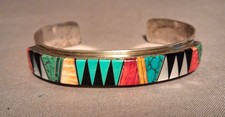 Vintage Zuni Sterling Silver Geometric Channel Inlay Cuff Signed LoLo picture