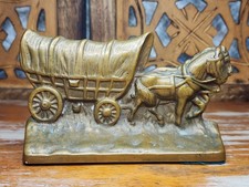 Vintage Cast Iron Brass Plated Horse Wagon Stagecoach Door Stop Bookend 2lbs 6x4 picture