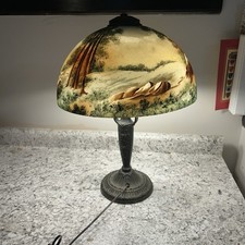Antique Pittsburgh PLB&G Co 1808 Painted Scenic Glass Table Lamp picture