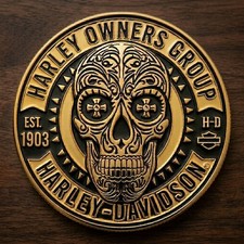 Harley-Davidson H.O.G Owners Group Challenge Coin Sugar Skull Est 1903 Gold picture