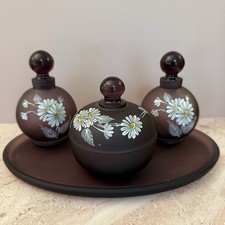 Vtg Westmoreland Daisy Lilac Mist Satin Glass Vanity Set Puff Box Perfume Bottle picture