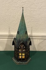 Vintage Gothic Spire Green Cathedral Glass & Metal Tea Light Candle Holder  picture