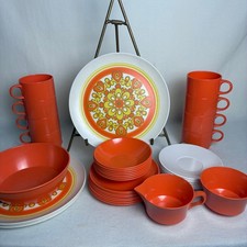 Vintage 60s 70s Melmac Melamine Orange Mandala Dinnerware Set 37 Pc MCM Mod picture