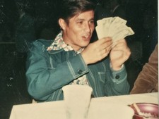 Vintage 1970s Polaroid Snapshot Man Fan of Cash Money Levi Jacket Floral Shirt picture