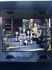 1950s Vintage 35mm Slide Man Shotgun Trophies Porch Shooting Jacket Brick House picture