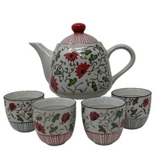 Pier 1 Imports Hua Teapot Set 5 Piece Ceramic Red Floral Vine Tea Service picture