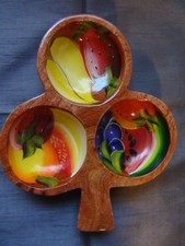 Vintage Hand Carved Hand Painted Clover Shaped Wooden Nut Candy Dish Fruit Theme picture