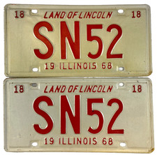 Vintage Illinois 1968 Auto License Plate Set Pair SN 52 Man Cave Pub Wall Decor picture