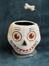 VIntage Dept 56 Paper Mache Spooky Skull Skeleton Halloween Bucket Basket Spooky picture